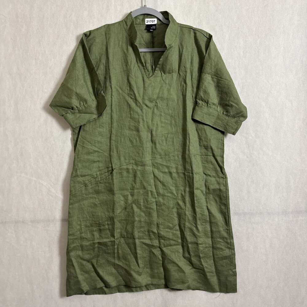 Lisa Bayne Women's XS Green 100% Linen Short Sleeve Knee Length Tunic Dress